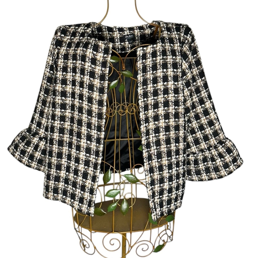 Du Jour Chic Black and White Plaid Tweed Ruffle Blazer Jacket - Women’s Size XL